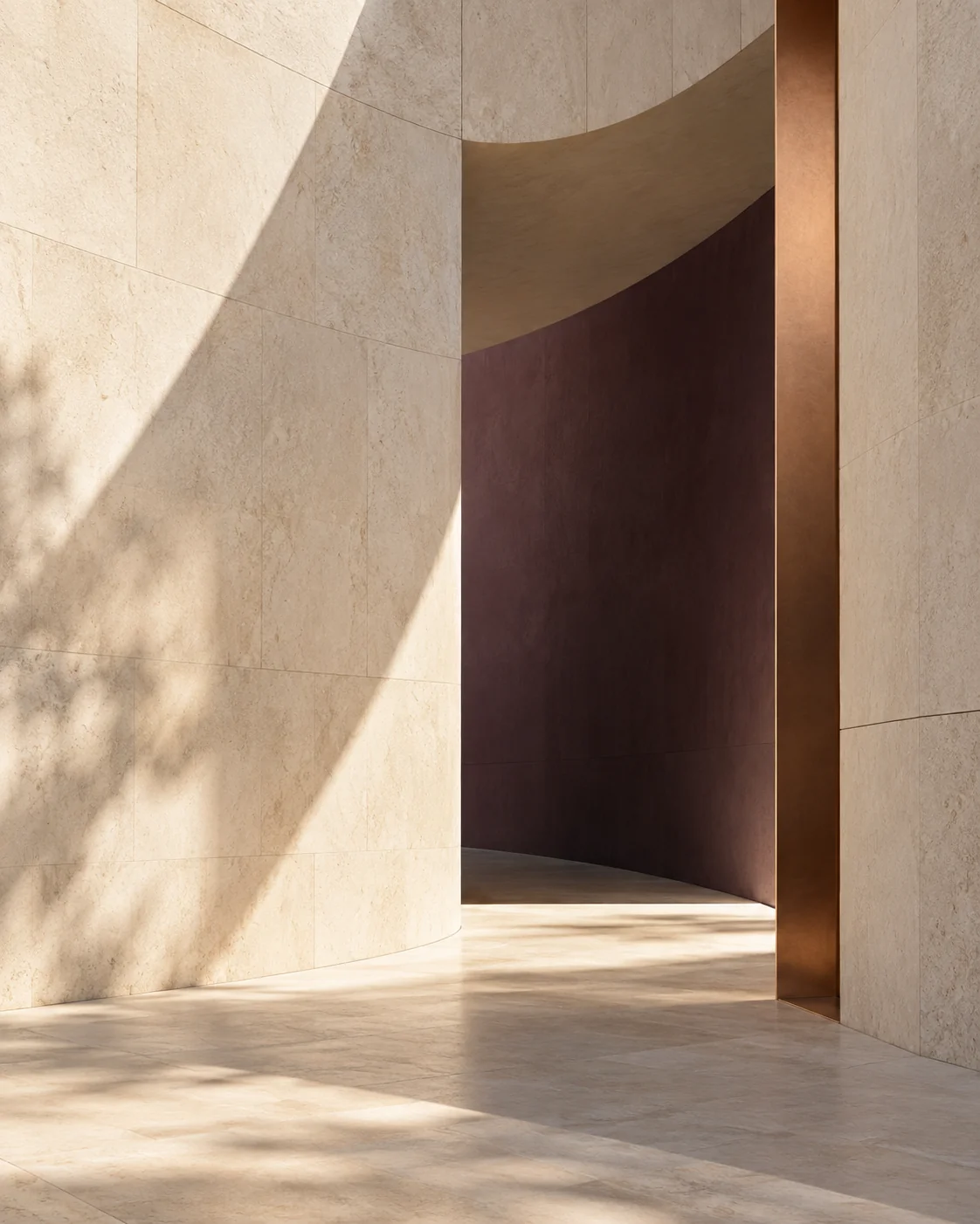 Abstract architectural study of warm stone curves, copper edges and a deep plum recess.