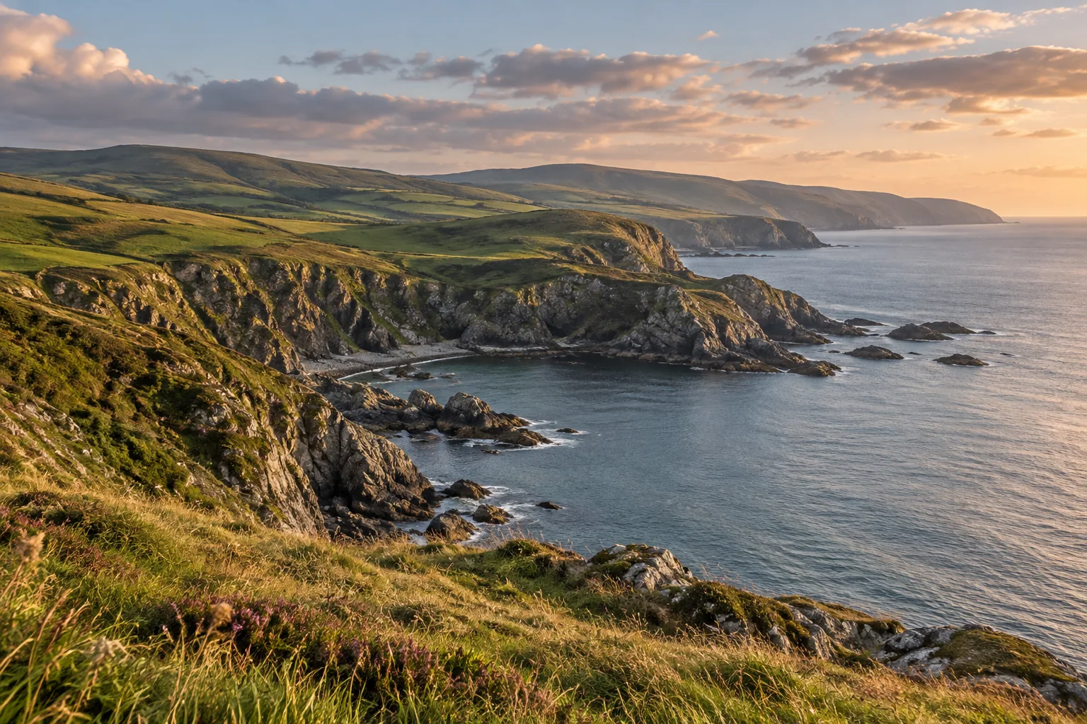 Illustrated coastal landscape inspired by the Isle of Man, with green hills and a rocky shoreline