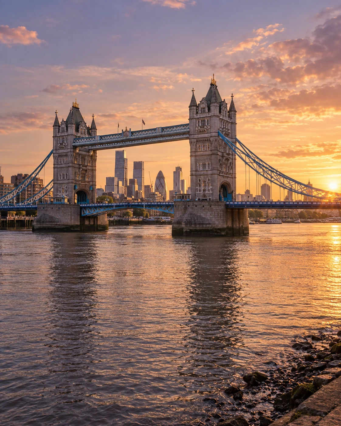 Illustrative London cityscape with Tower Bridge and the River Thames at golden hour